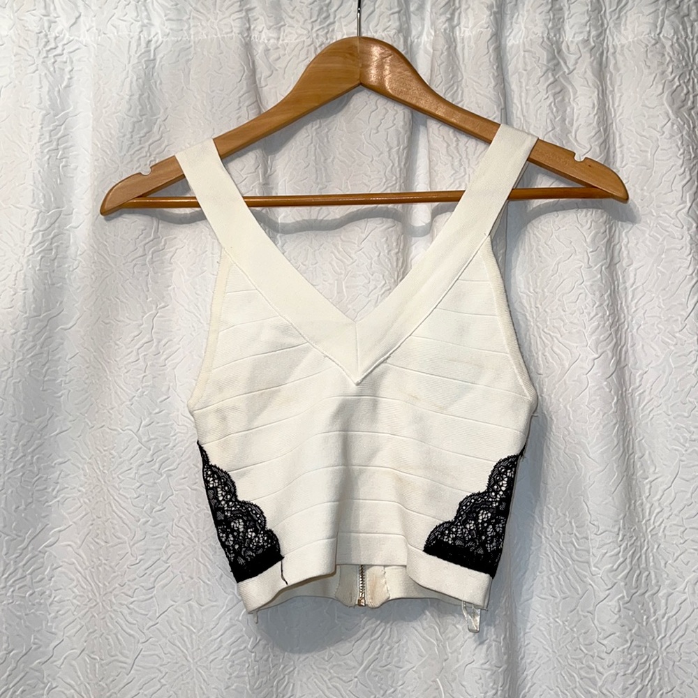 Bebe crop top going out too black lace detail, white bandage top v neck